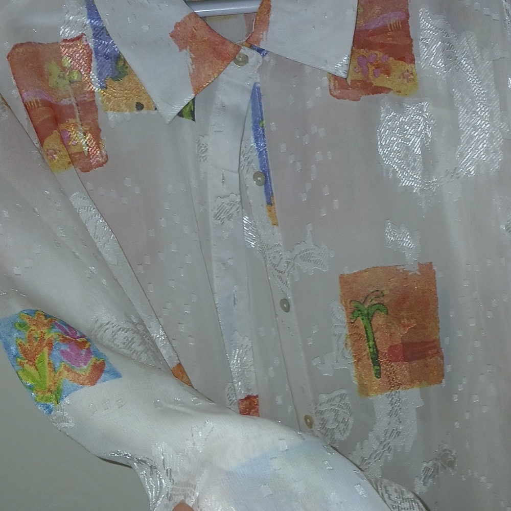 Sweet Rain White Sheer Button-Down Shirt with Orange and Blue Blocks